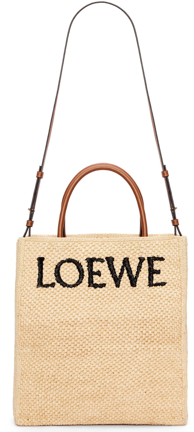 Loewe Large Logo Raffia Basket Bag With Leather Trim in Natural