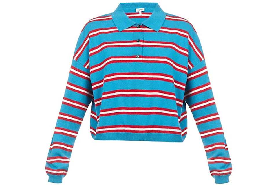 LOEWE Women's Stripe Polo Collar Wool Sweater Blue/Red