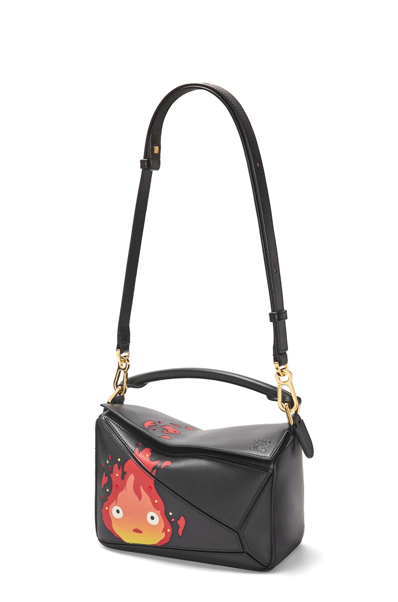 Pre-owned Loewe Women's X Howls Calcifer Small Puzzle Bag In Satin Calfskin And Crystal In Black