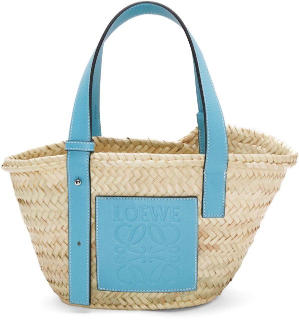 Small Square Basket bag in raffia and calfskin Natural/Pecan - LOEWE