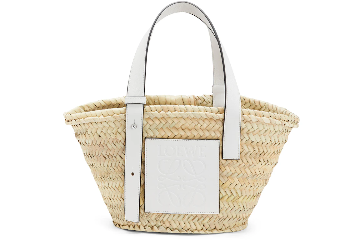 LOEWE Basket Bag in Palm Leaf and Calfskin Small Natural/White