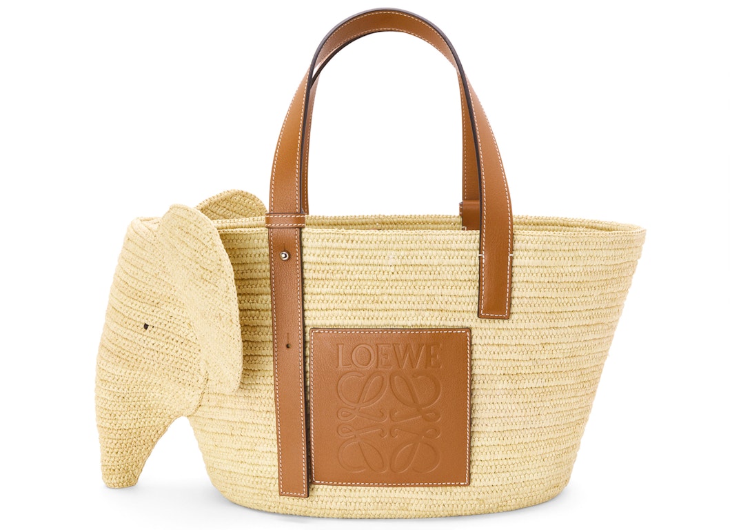 Pre-owned Loewe Elephant Basket Bag In Raffia And Calfskin Natural/tan