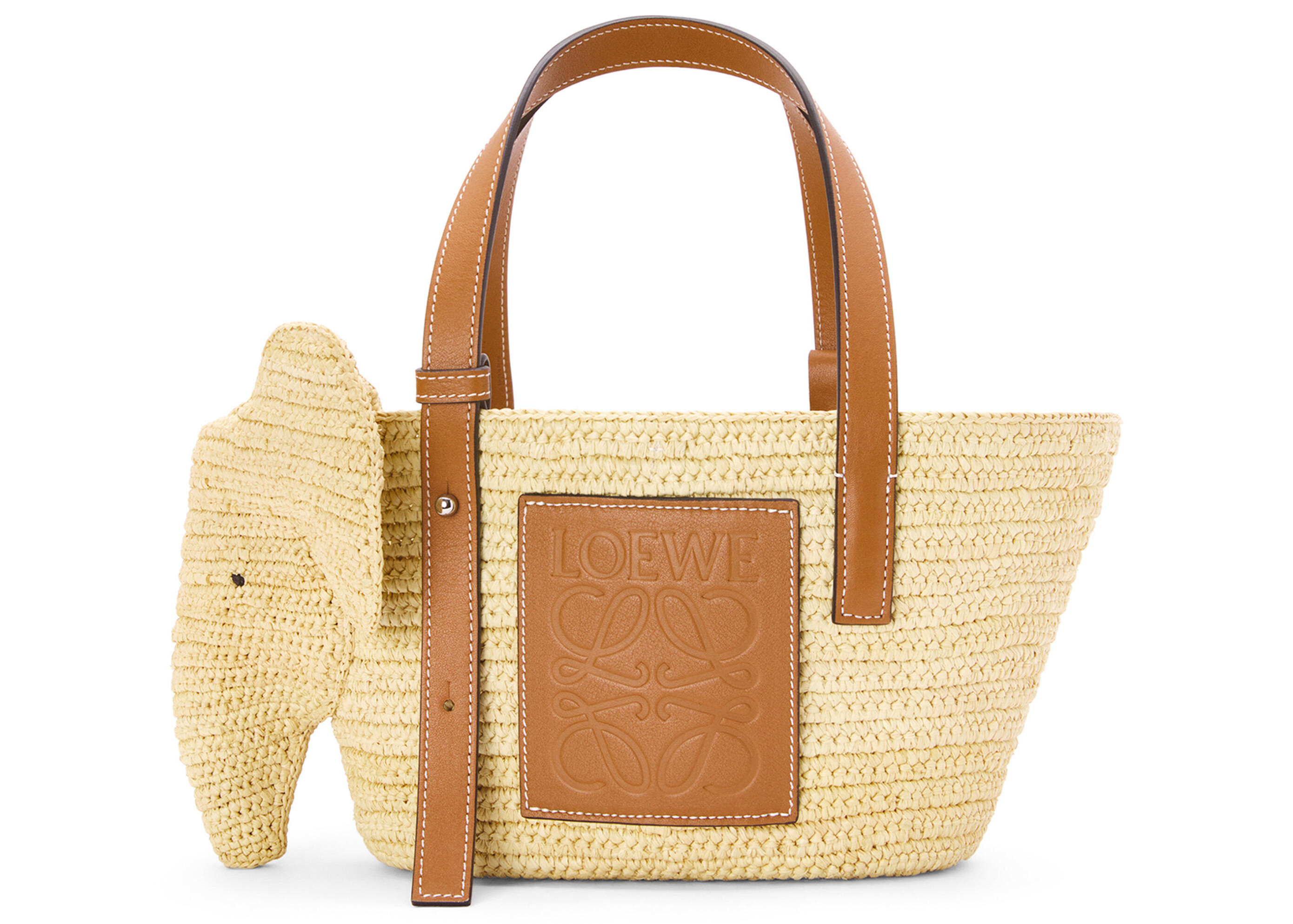 LOEWE Elephant Basket Bag in Raffia And Calfskin Small Natural/Tan