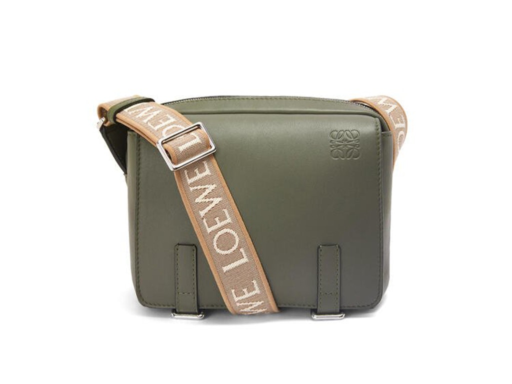 Pre-owned Loewe Military Messenger Bag In Soft Grained Calfskin And Jacquard Xs Khaki Green