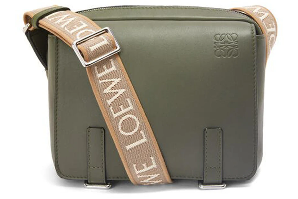 Loewe Military Messenger Bag in Soft Grained Calfskin and Jacquard XS Khaki Green
