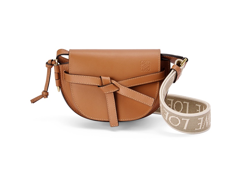 LOEWE Mini Gate Dual Bag in Soft Calfskin and Jacquard Tan in Calfskin with Gold tone US