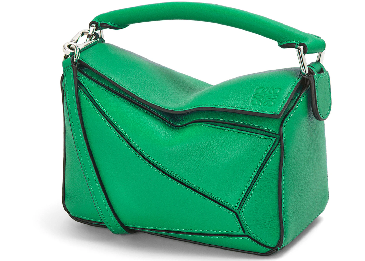 LOEWE Puzzle Bag in Classic Calfskin Mini Jungle Green in Calfskin Leather  with Silver-tone - US