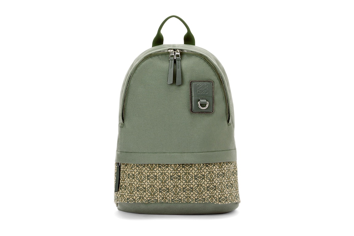 Pre-owned Loewe Round Slim Backpack In Canvas And Anagram Jacquard Khaki Green