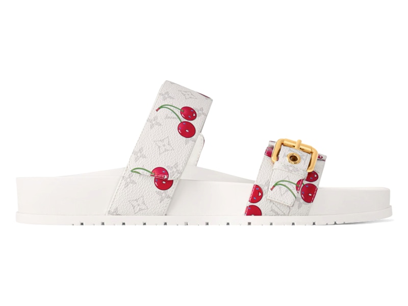 Pre-owned Louis Vuitton Women's Cherry Bom Dia Flat Comfort Mule X Takashi Murakami White Monogram Cherry Snea