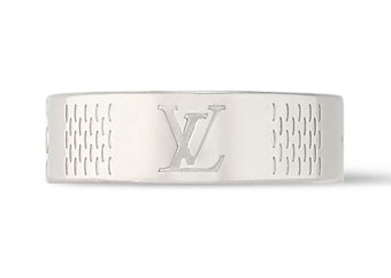 Pre-owned Louis Vuitton Men's Damier Staples Thin Ring In Silver