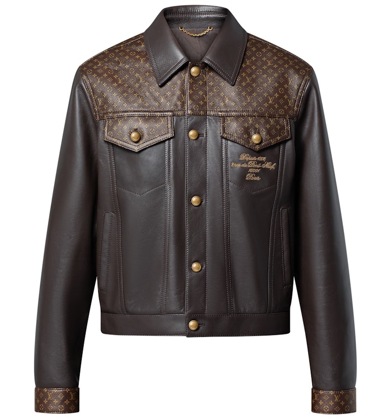Louis Vuitton Embellished Leather Trucker Jacket Dark Brown Men's
