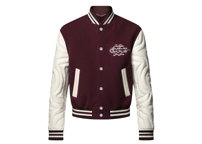 Pre-owned Louis Vuitton Men's Embroidered Calfskin Varsity Jacket In Bordeaux In Burgundy