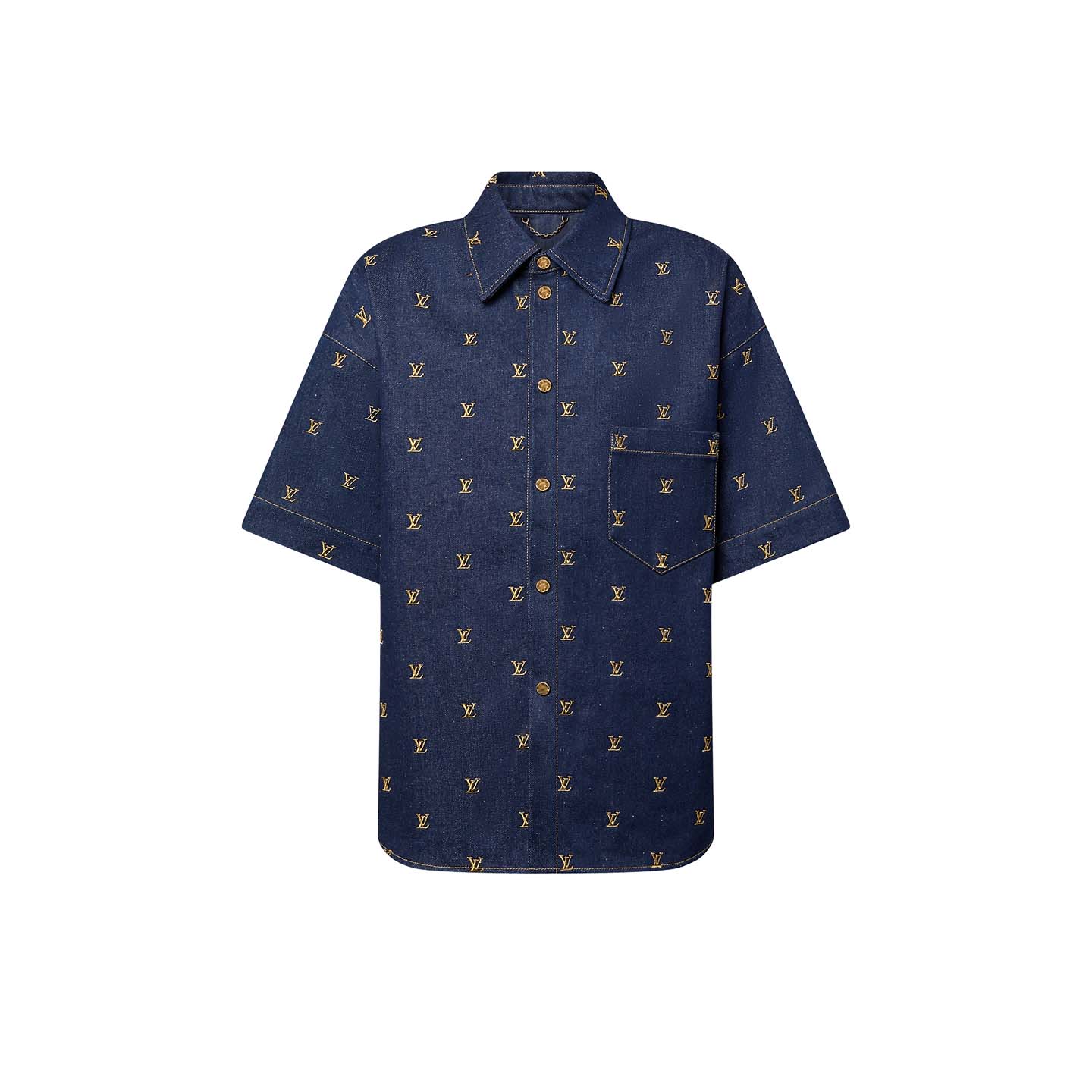 Louis Vuitton Embroidered Signature Short-Sleeved Denim Shirt 