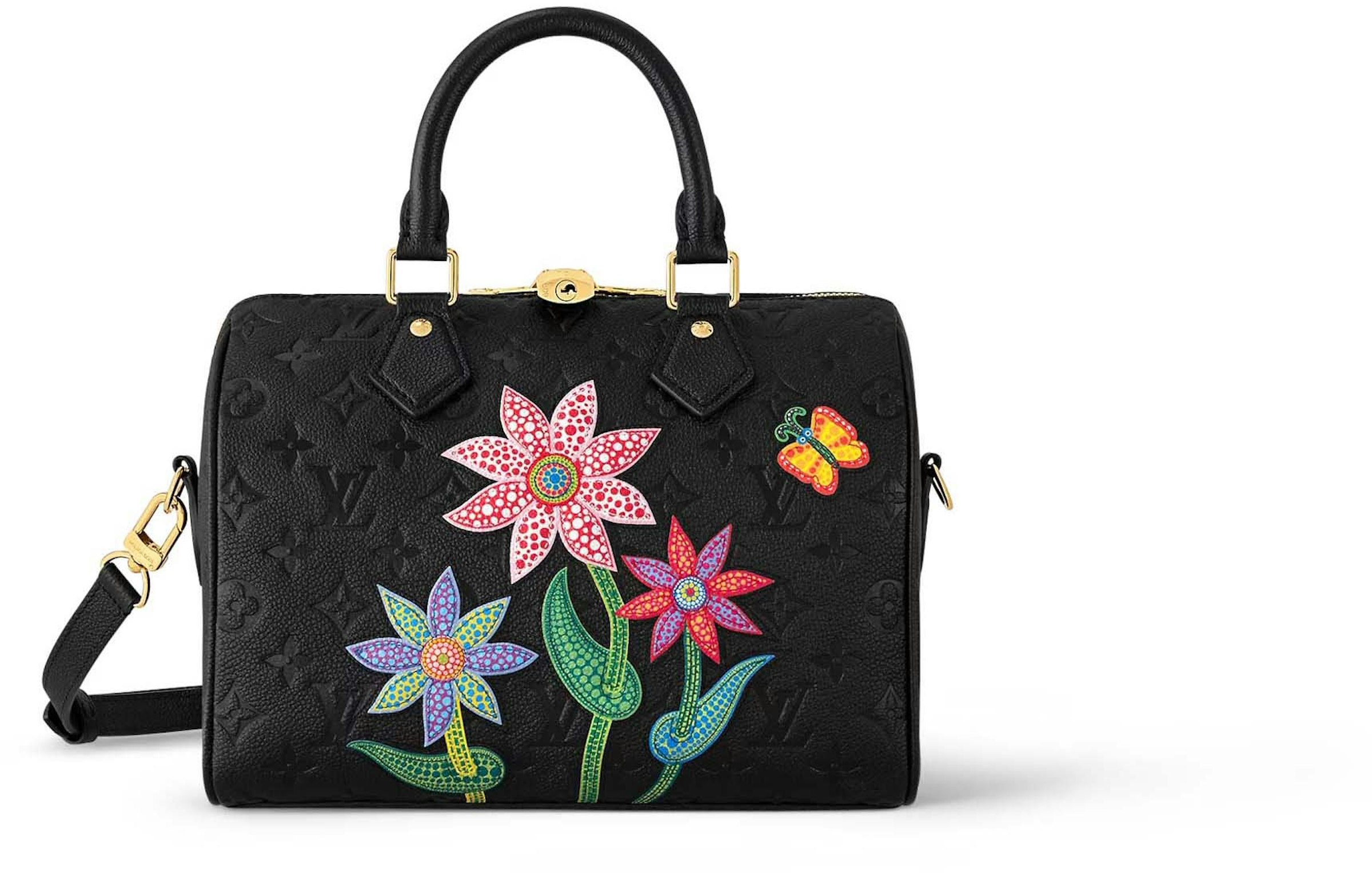 Louis Vuitton LV x YK Speedy Bandouliere 25 Black Flower Marquetry in Grained Monogram Empreinte Cowhide Leather with Gold-tone - US