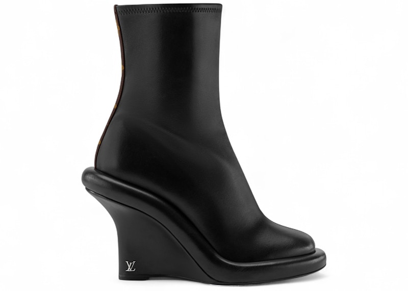 Pre-owned Louis Vuitton Lounge Wedge Ankle Boots Leather Monogram Canvas (women's) Sneakers In Black
