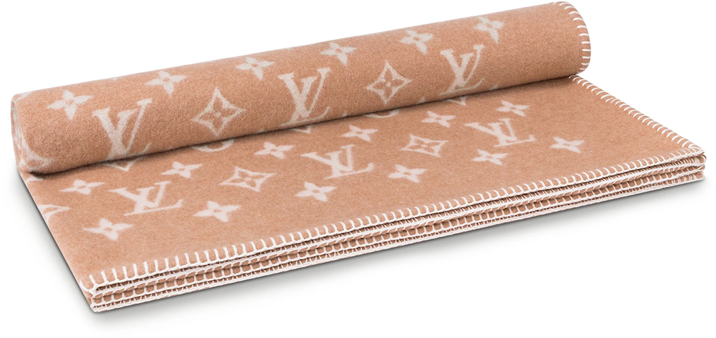 Louis Vuitton Throw Blanket Tan Ivory Logo Monogram M70440 Wool