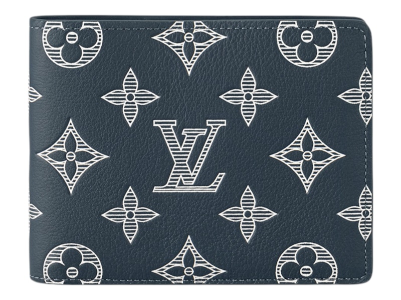 Pre-owned Louis Vuitton Men's Ple Wallet Monogram Shadow In Ink Blue/white