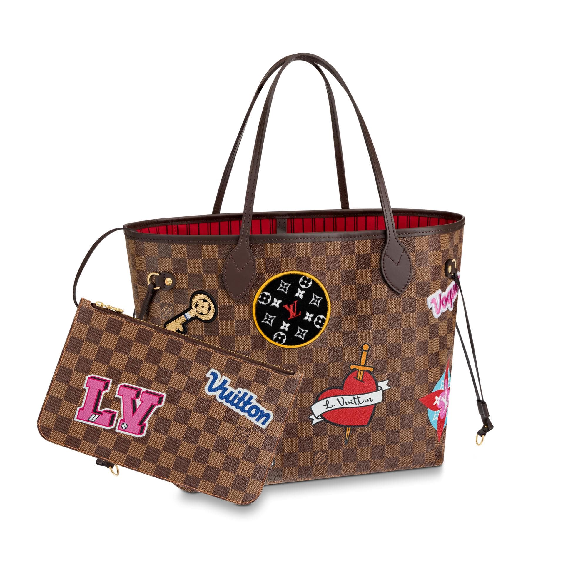 Louis Vuitton Neverfull Damier Ebene Patches MM Cerise Lining in 