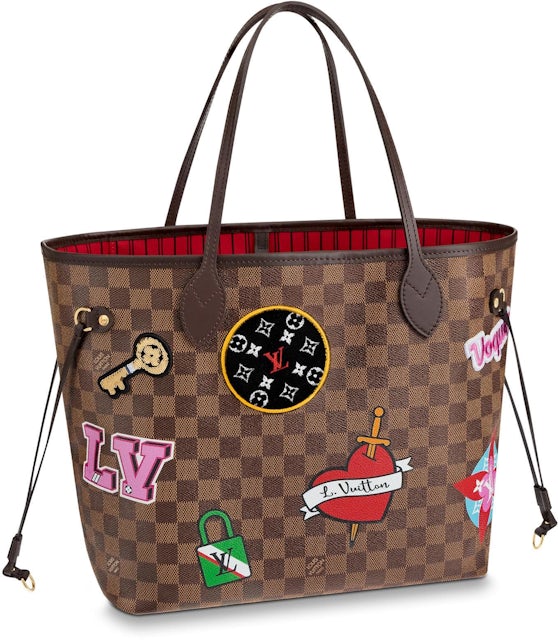 Louis Vuitton Neverfull Damier Ebene Patches MM Cerise Lining in