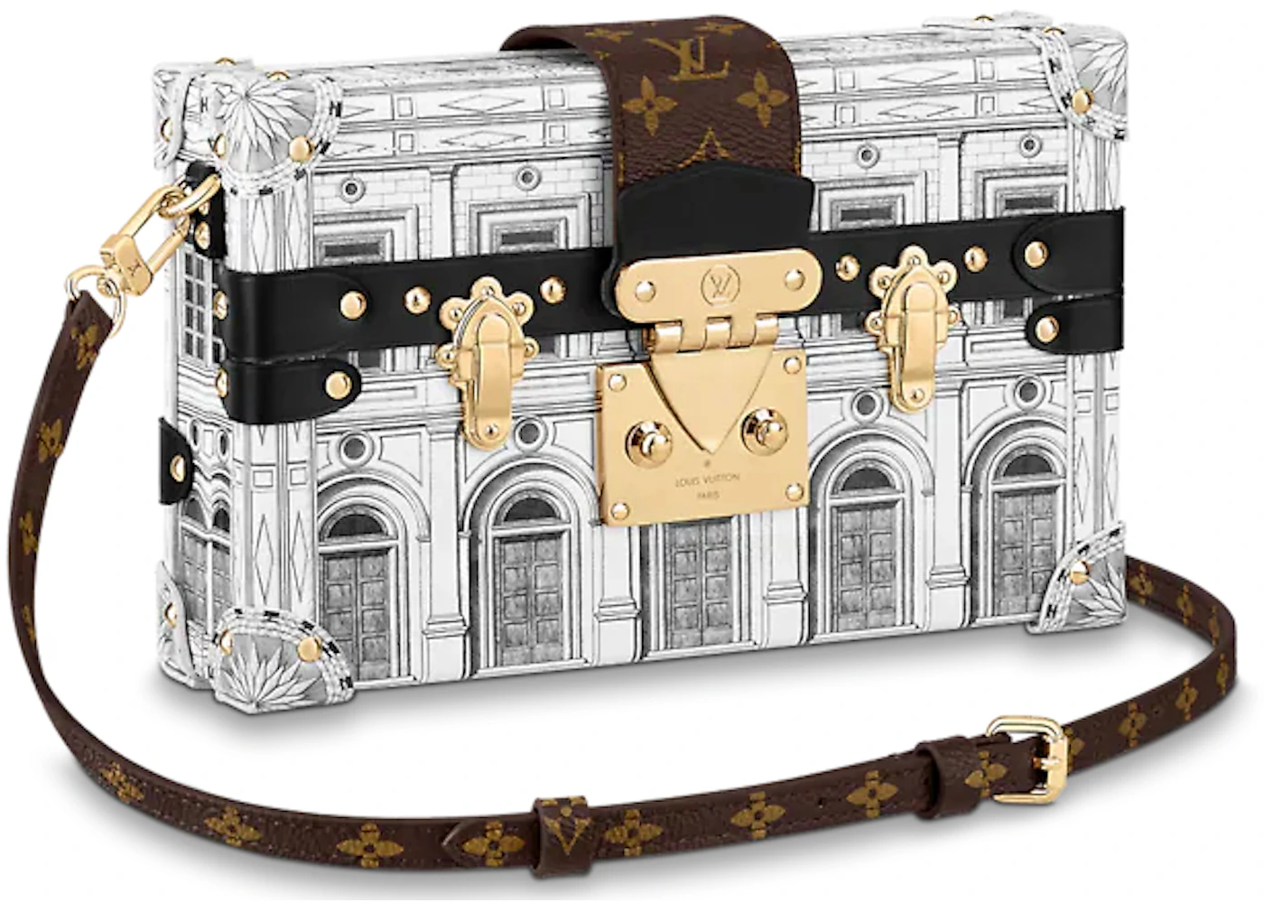Auth Spa - Dịch Vụ Spa Túi Xách, Giày Dép Authentic Tại HCM. Louis Vuitton x Fornasetti Petite Malle Black/White in Printed Patent Calfskin Leather with Gold-tone - US