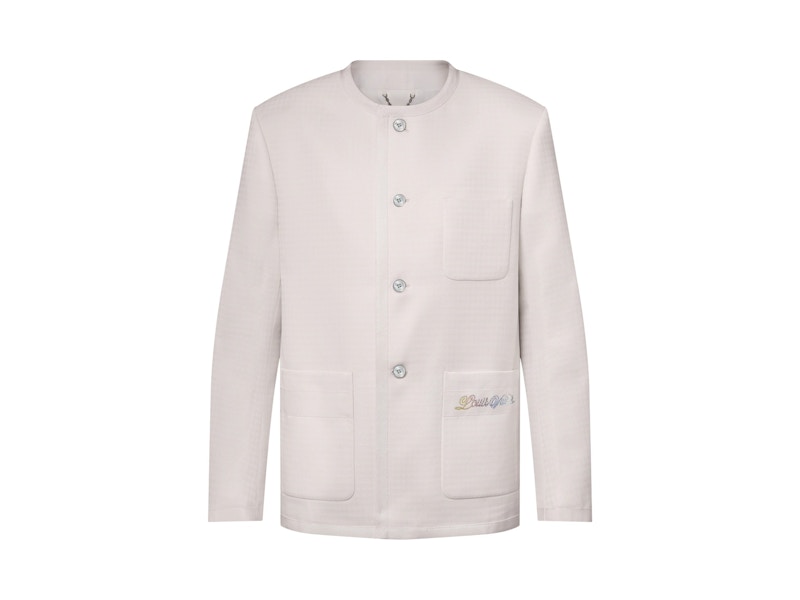 Pre-owned Louis Vuitton Men's Preppy Collarless Wool Jacket In Milky White