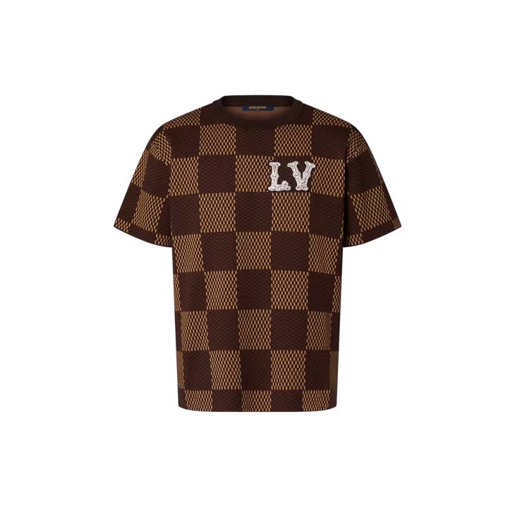Louis Vuitton Short-Sleeved Cotton Damier Crewneck with Crystal LV Patch  Sienna