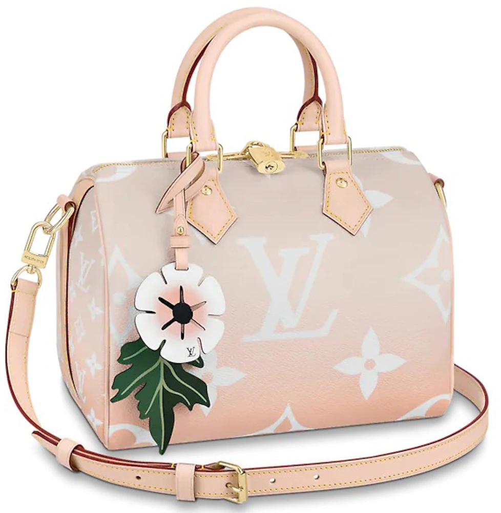 The Louis Vuitton Speedy Bandouliere 25 Mist By The Pool Bag is a playful  take of the oversized white monogram with peach colored gradient…