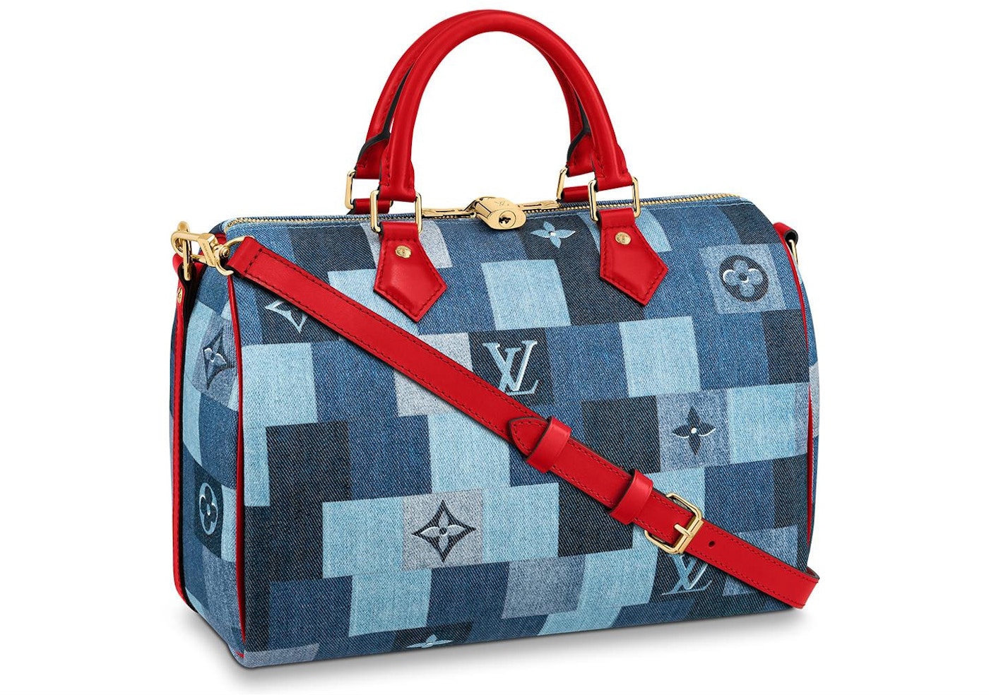 Louis Speedy Bandouliere 30 Denim Check Blue/Red in Denim Canvas/Cowhide Leather with