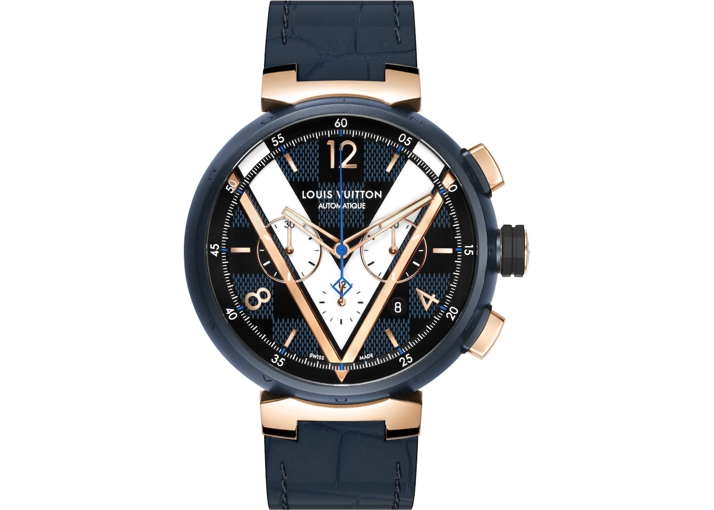 Louis Vuitton Black Tambour Chronograph El Primero Watch Blue Dark
