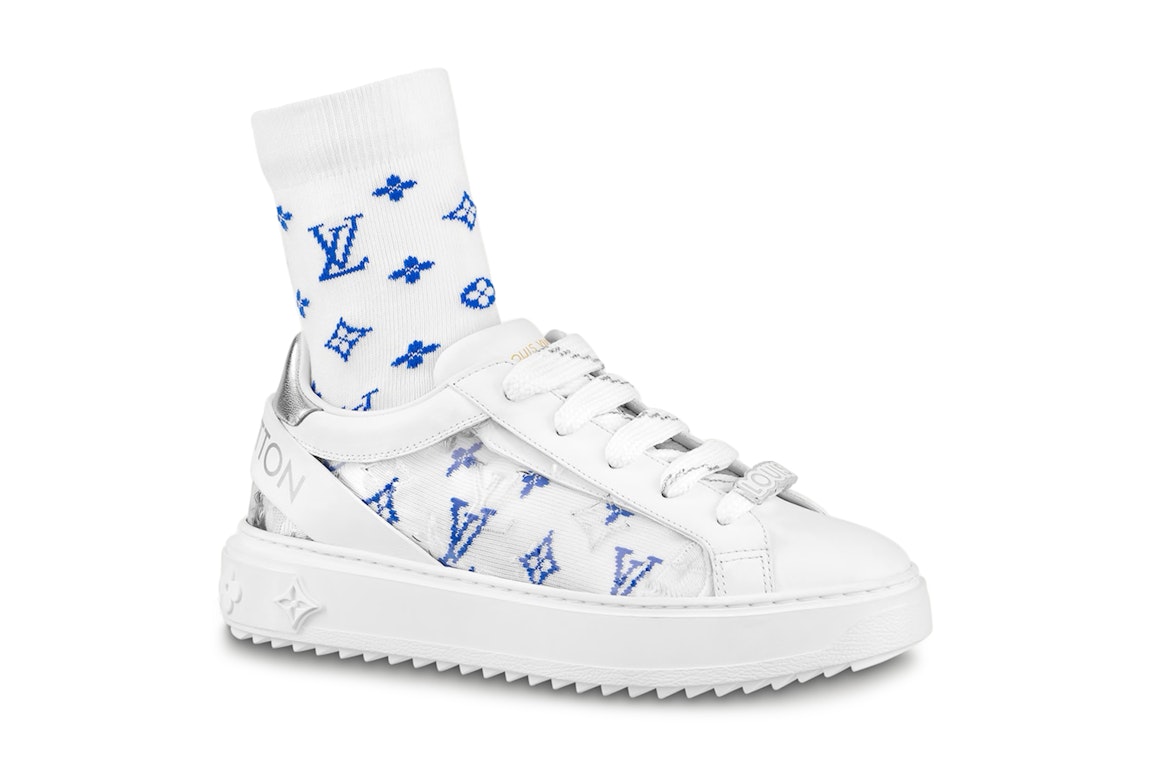 Pre-owned Louis Vuitton Time Out Debossed Monogram Transparent Upper White Silver (women's) (white Blue Socks In White/silver