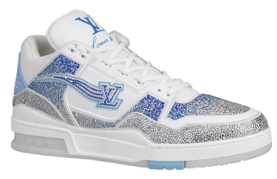 LOUIS VUITTON Azur Crystal Mens LV Trainer Sneakers 11 White Blue