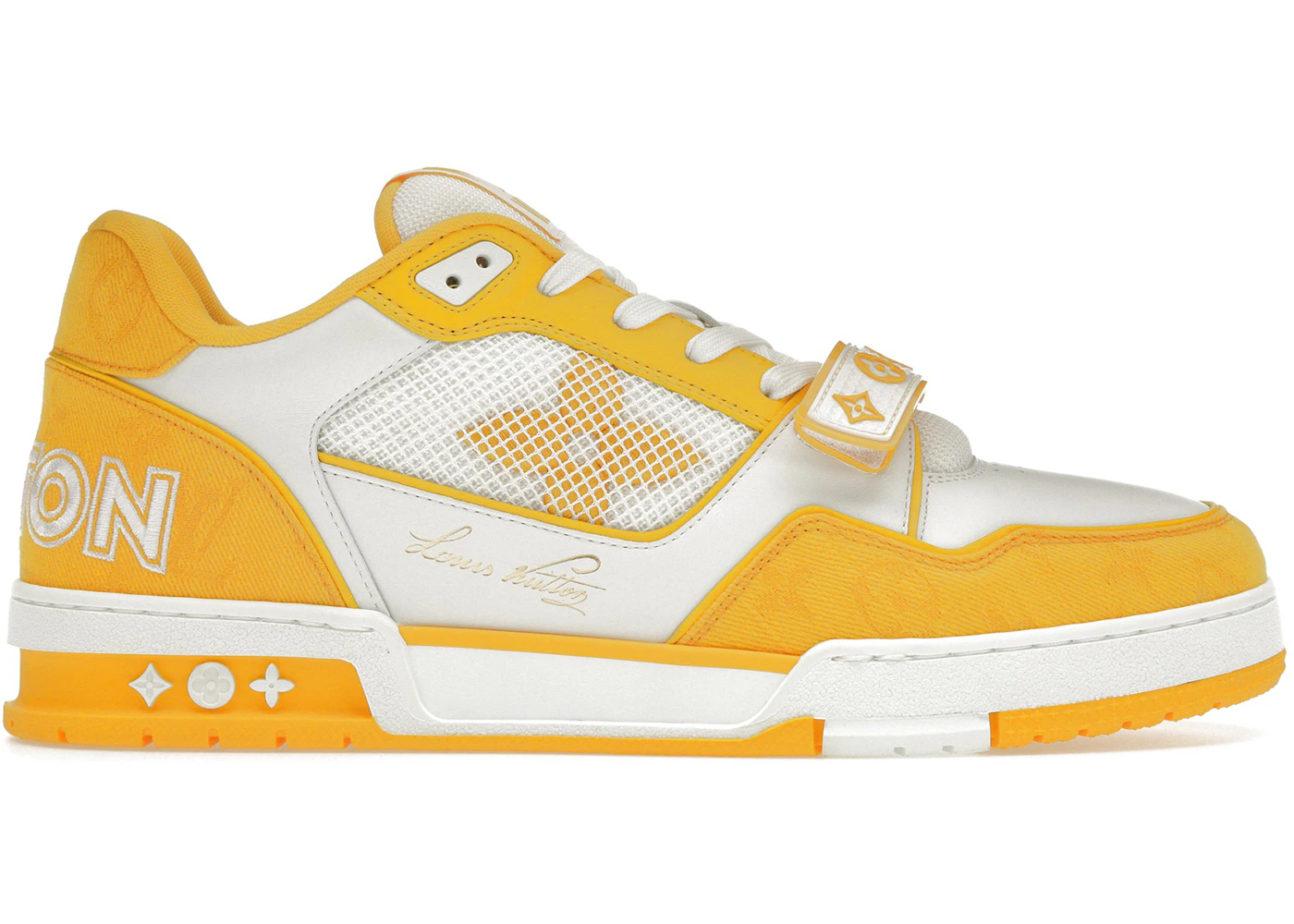 Louis Vuitton Trainer “ Yellow “ This version of the LV Trainer sneaker  combines Monogram leather with calfskin embossed with the Mini…