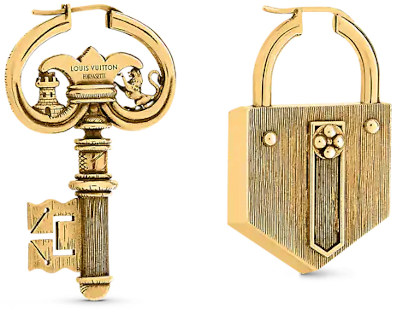 LOUIS VUITTON X FORNASETTI Metal Lock and Key Earrings Gold 897273