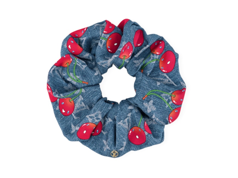 Pre-owned Louis Vuitton Women's X Takashi Murakami Denim Cherry Scrunchy In Blue Denim