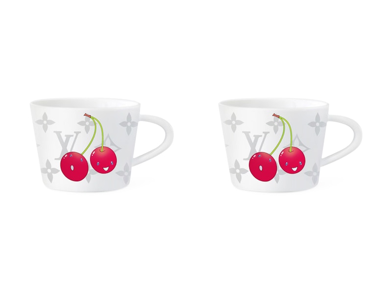 Pre-owned Louis Vuitton Women's X Takashi Murakami Set Of 2 Cherry Coffee Cups And Saucers In White Monogram
