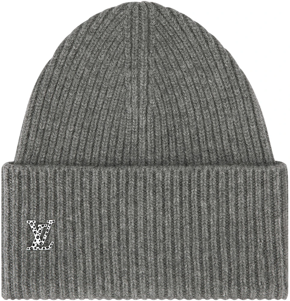 LOUIS VUITTON Knit Hat Cashmere 100% Monogram Black Gray Logo Beanie Unisex  Auth