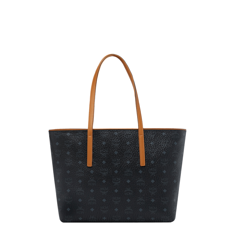 MCM Anya Top Zip Shopper Visetos Cognac Medium Black in Coated