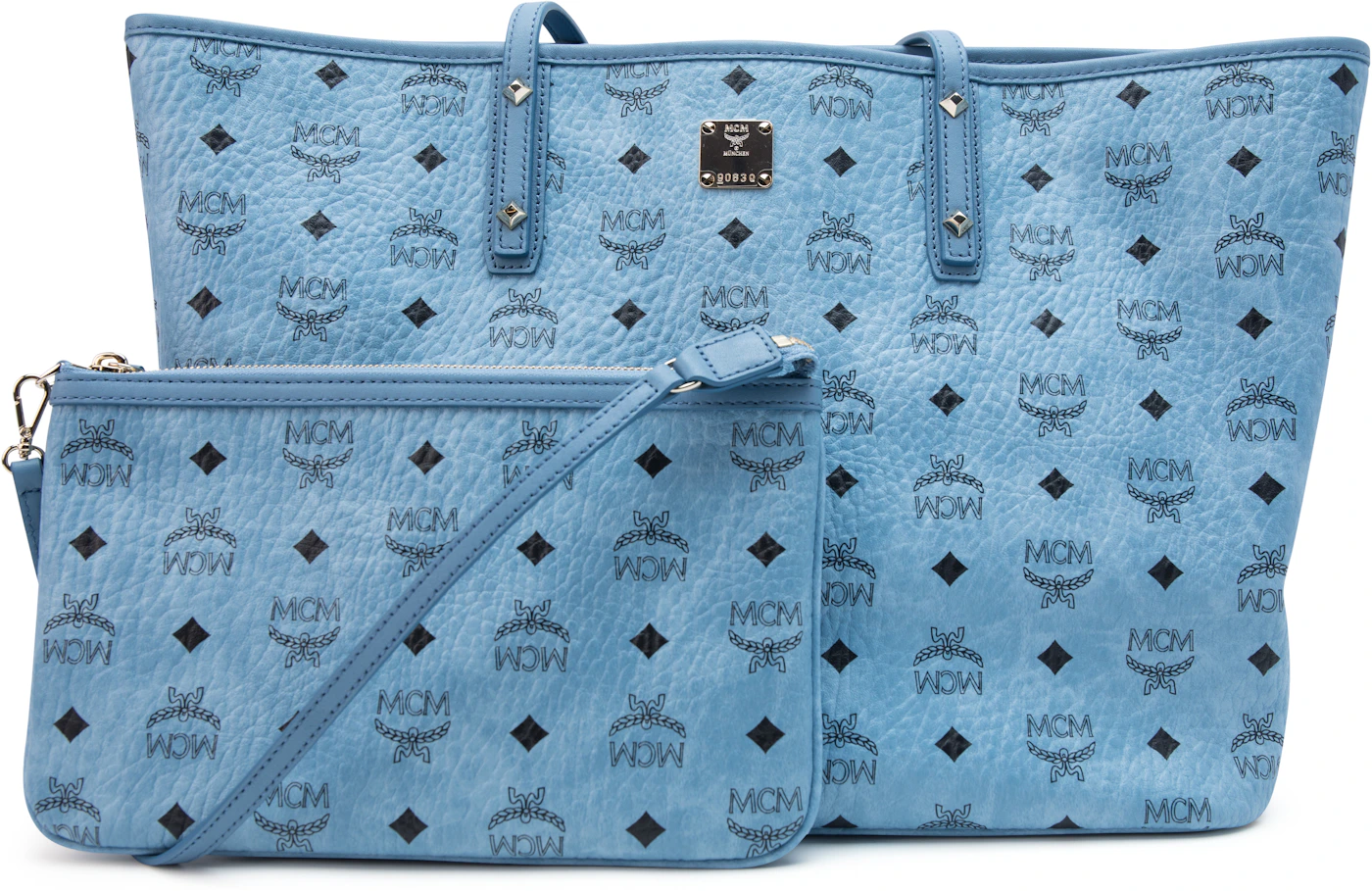 MCM Anya Top Zip Shopper Visetos With Pouch Medium Blue in Coated Canvas  with Silver-tone - US