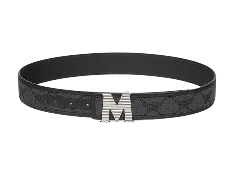Pre-owned Mcm Men's  Claus Fluted M Loretos Jacquard Reversible Belt In Black/grey In Multi