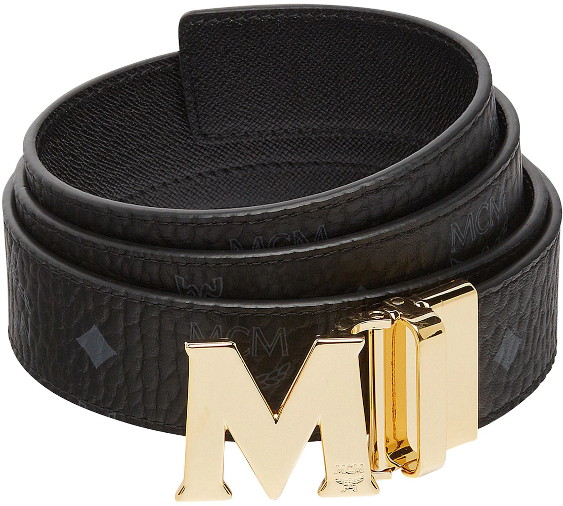 MCM Black Visetos Monogram Belt With Gold-Plated Logo Laurel Buckle Size S