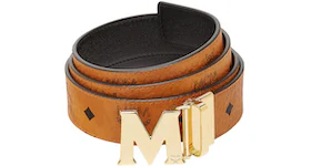 MCM Claus M Gold Buckle Reversible Belt Visetos 1.5" 51In/130Cm Cognac