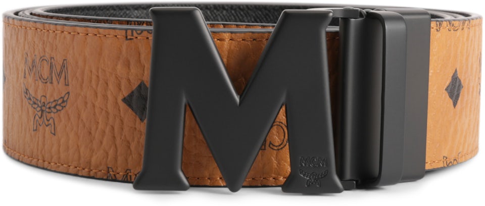 MCM M Reversible Belt Visetos White Logo 1.75W 51In/130Cm Black in Coated  Canvas with Matte Black-tone - US