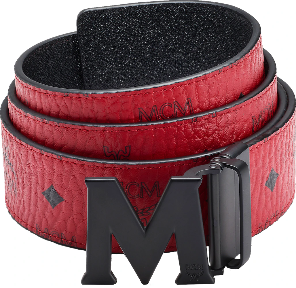 MCM+Mens+Claus+Black+M+Buckle+Candy+Red+Leather+Reversible+Belt+Customizable  for sale online