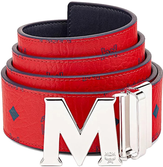 MCM Claus M Reversible Belt Visetos Monogram Red/Silver in Coated