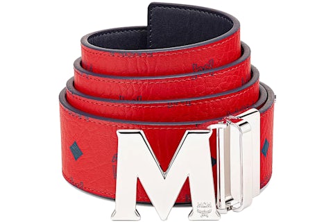 MCM Claus M Reversible Belt Visetos Monogram Red/Silver in Coated