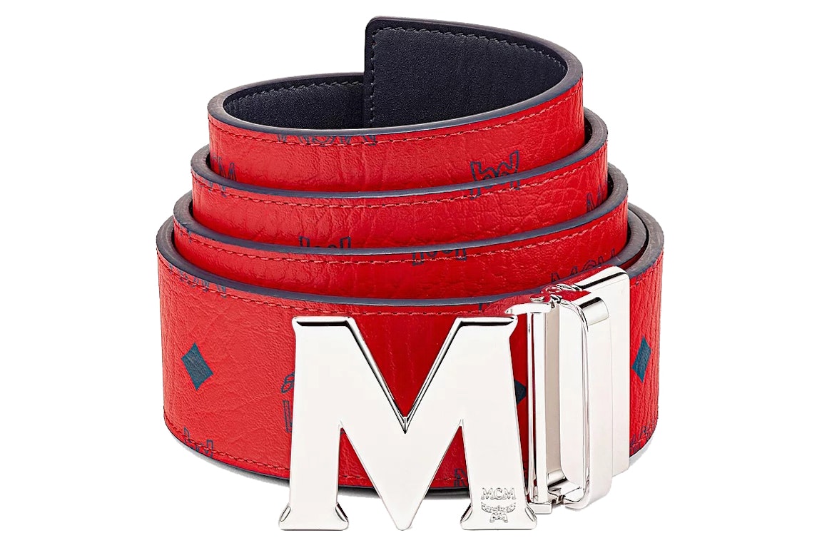 Pre-owned Mcm Claus M Reversible Belt Visetos Monogram Red/silver