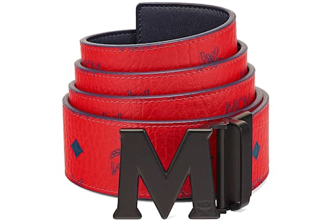 MCM Claus M Reversible Belt Visetos Monogram Red in Coated Canvas