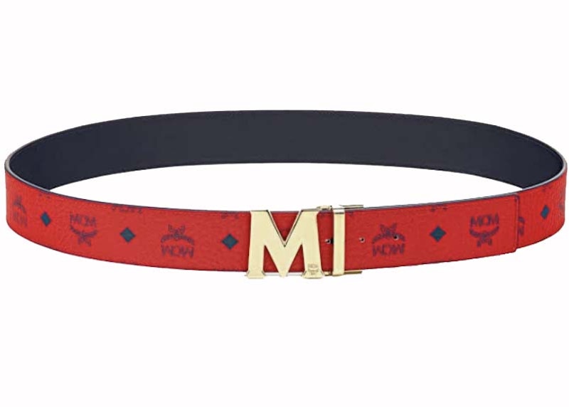 MCM Claus M Reversible Belt Visetos Ruby Red/Blue in Leather with Gold-tone  - JP