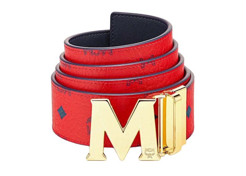 MCM Claus M Reversible Belt Visetos Ruby Red/Blue in Leather with Gold-tone  - JP