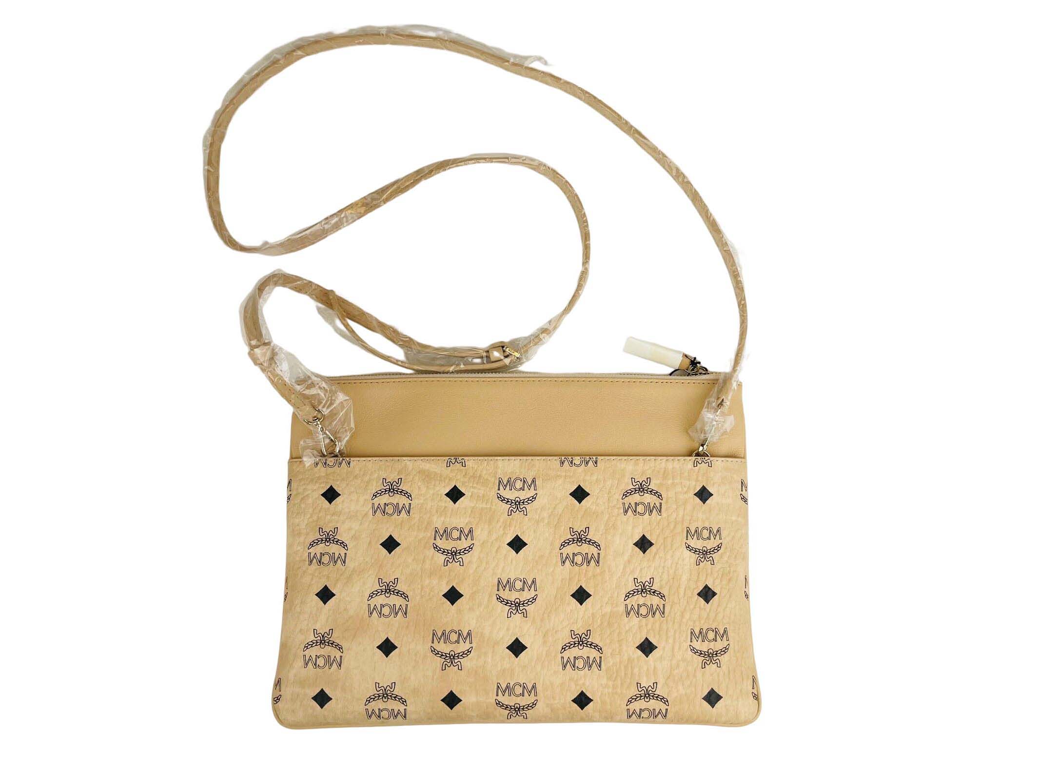 MCM Crossbody Pouch Visetos Beige in Coated Canvas with Silver